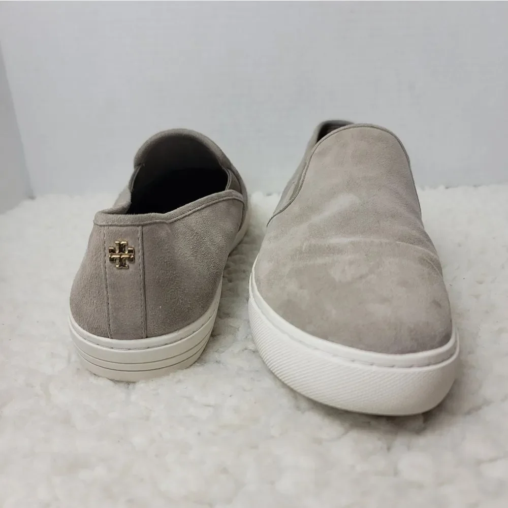 Tory Burch Jesse Slip-On  Sneaker Size 10.5   Gray Suede Gold Logo Back Shoes